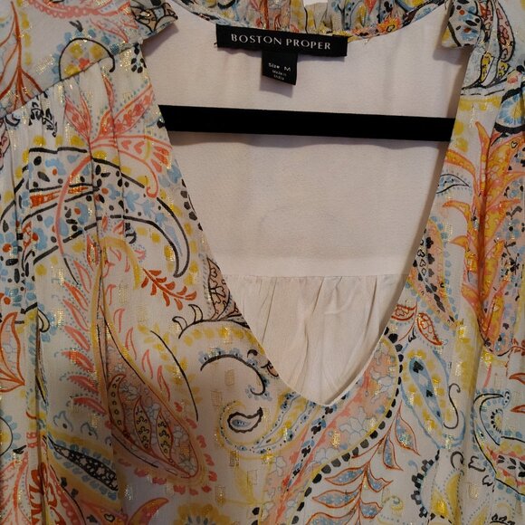 Boston Proper Paisley Bell Sleeves Metallic Threaded Mini Dress Smocked Waist - Picture 14 of 14